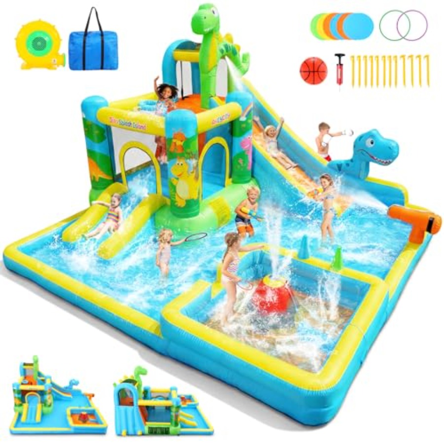 Kids Outdoor Bounce House - Outdoor backyard inflatable water slide: dinosaur-themed